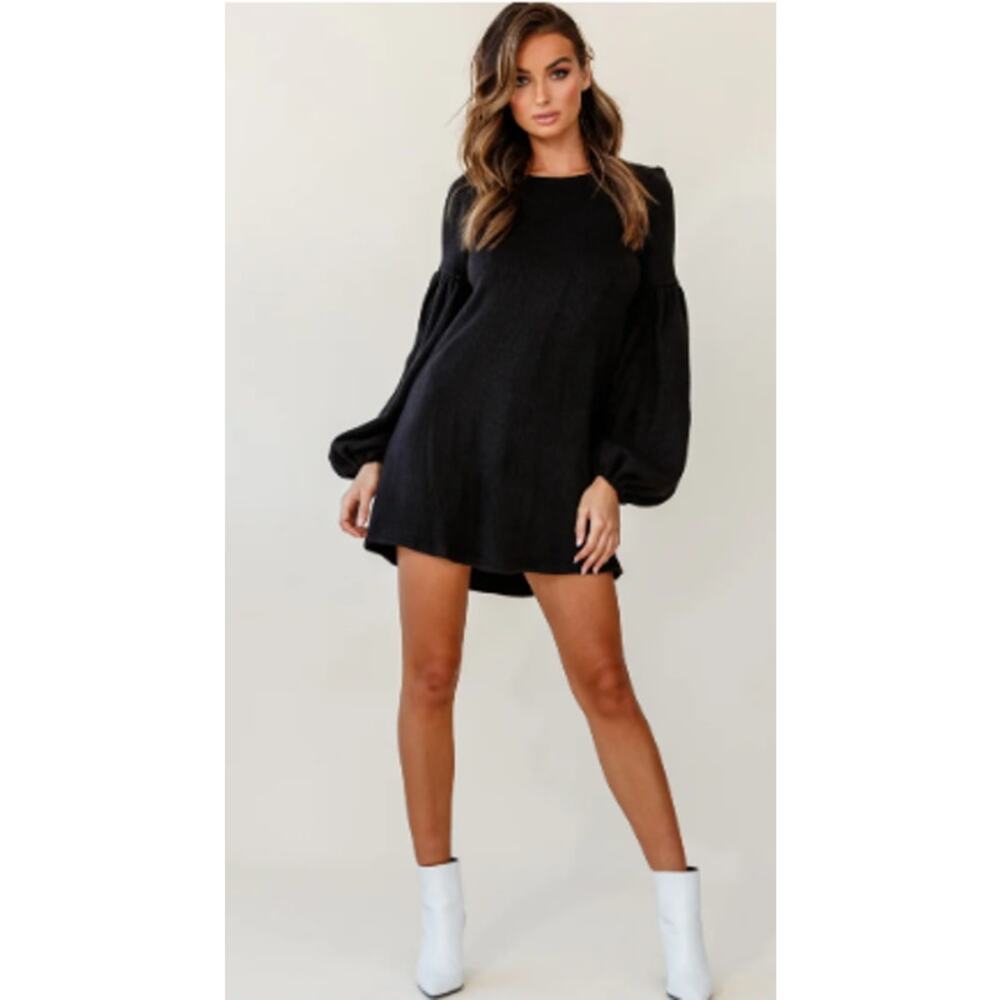 Selfie Leslie Morais Puff Sleeved Sweater Mini Dress Black Women's M 3385